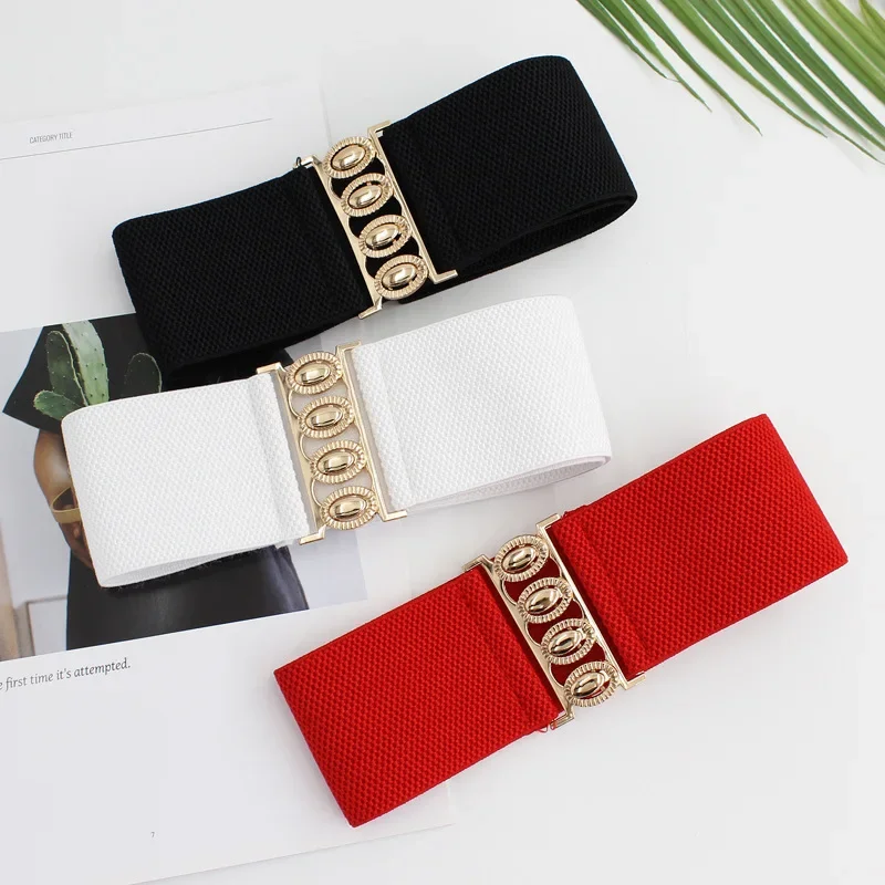 Wide Elastic Belt Solid Color Metal Buckle Corset Belt Lady Fashion Cummerbands Stretch Cinch Waistband Women Waist Belt