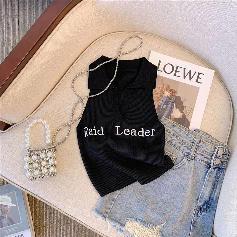 Korean Rose Red Polo Collar Sleeveless Knitted Suspender Vest Letter Women\'s Summer New Slim Simple V-neck Short Top