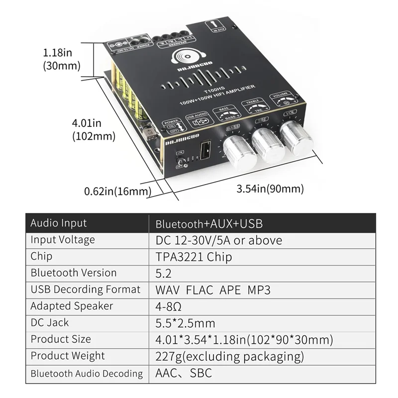 DIGIT-T100HS Power Amplifier Board Bluetooth5.2 TPA3221 Chip 2.0 Channel 100Wx2,Audio Power Amplifier
