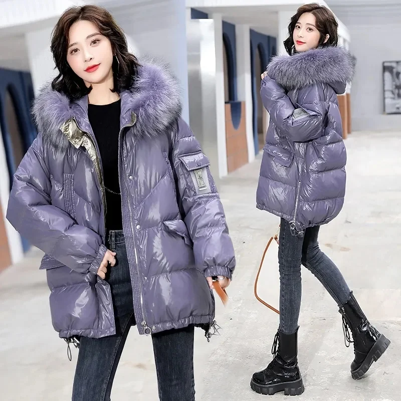 Down Cotton Jacket 2024 New Women\'s Mid Length Korean Version Loose Fitting Thick Jacket Large Woolen Collar Winter Hooded Outfi