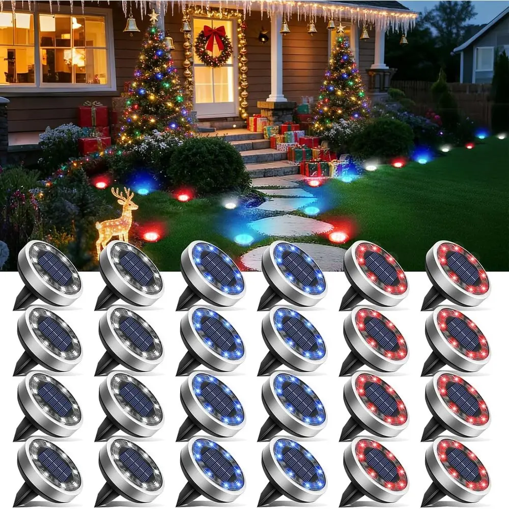 

24-Pack LED Outdoor Ground Lights, Waterproof Disc Lights for Pathways, Gardens, Lawns, and Yards, Red, Blue, Cool White Christm