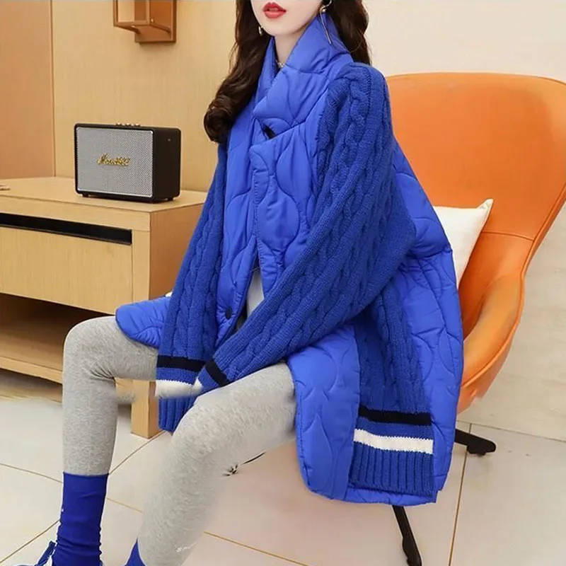 New Womens Blue Sweater Splicing Padded Jacket Autumn Winter Thick Warm Down Cotton Coat Female Knitted Cardigan Parker Overcoat