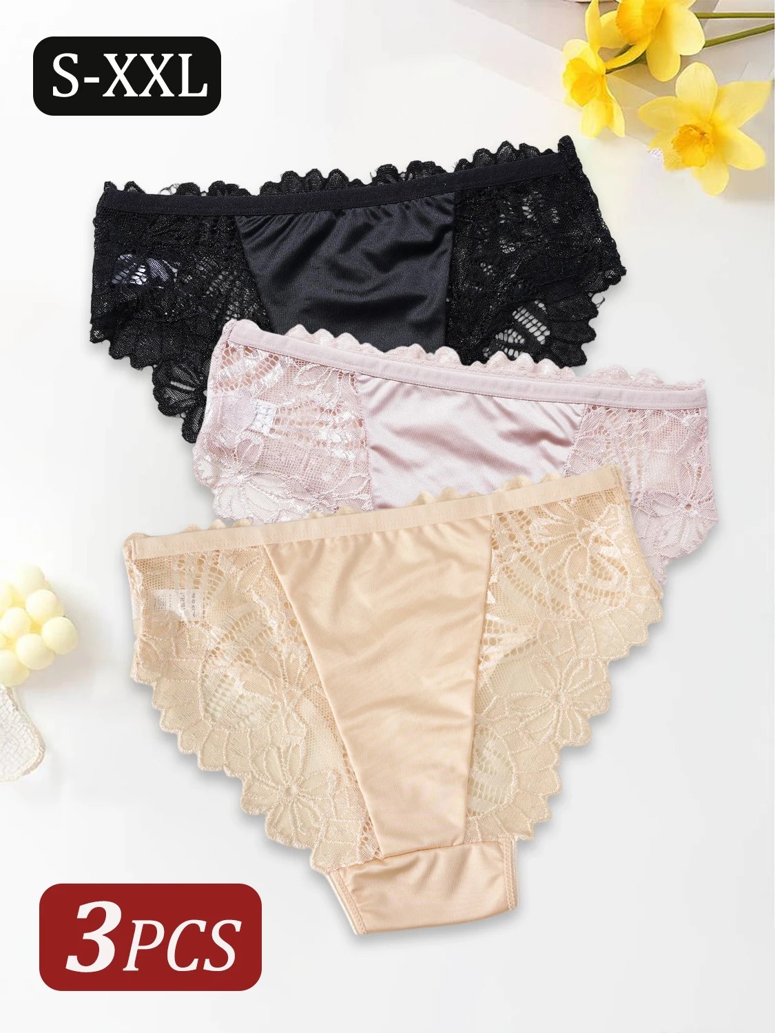 3PCS Sexy Hollow Out Lace Design Panties Women's Elegant Lace Floral Trimmed Lingerie Solid Color Mid-Rise Briefs Female S-XXL