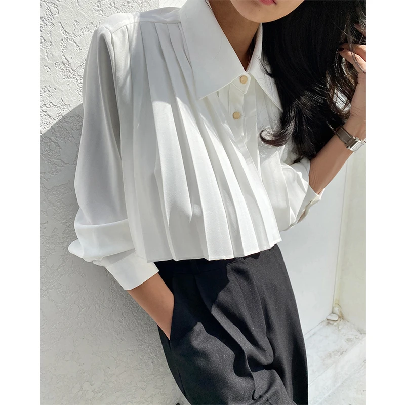 Elegant Black Shirts Women Korean Pleated Patchwork White Blouses Office Ladies Fashion Simple Folds Long Sleeve All Match Tops