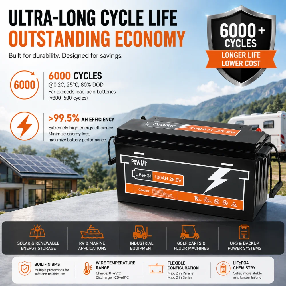 PowMr LiFePO4 Battery 25.6V 100Ah with BMS Grade A 2.56kWh Lithium 6000 cycle 100A flash charge for Camping EV Home System US Local