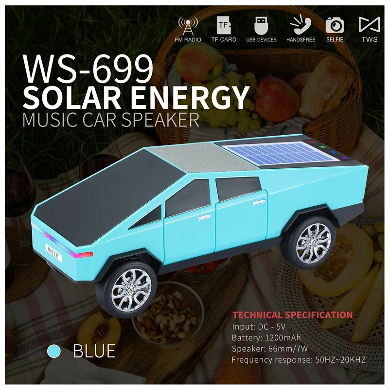 

WS-699 Новые беспроводные Bluetooth-колонки в форме автомобиля Cybertruck с TF USB FM TWS Селфи LED Красочный свет Солнечная зарядка