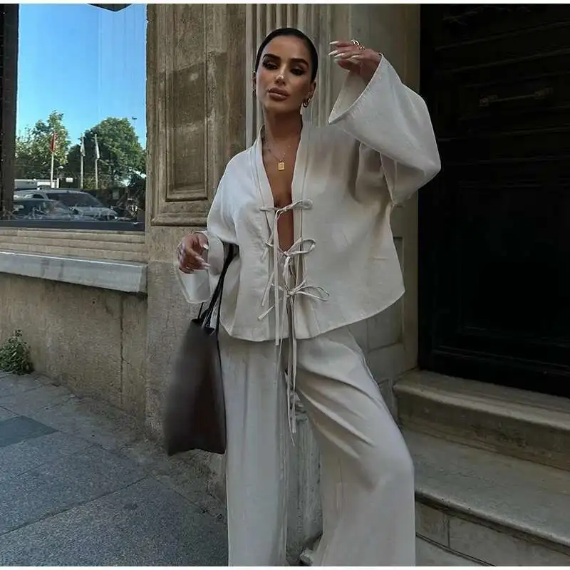 BabYoungPlisowane jednolite spodnie zestaw damski luźna koronka V Neck spodnie z wysokim stanem rozkloszowana koszula z rękawami typu lampion garnitur damski