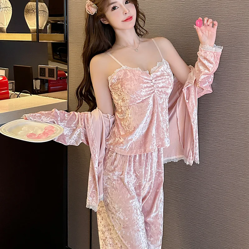 Pink Velour Lace Pajamas Set Autumn 3PCS Pijamas Suit Women Velvet Sleepwear Spring Long Sleeve Nightwear Home Clothes