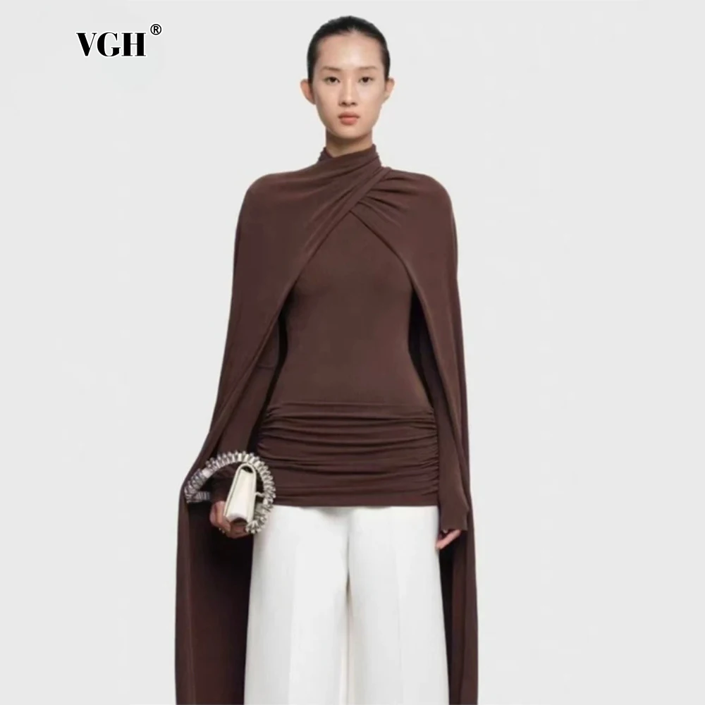 

VGH Premium Feel Solid Slimming T Shirts For Women Turtleneck Long Sleeve Autumn Elegant Folds T Shirt Female Fashion Style New