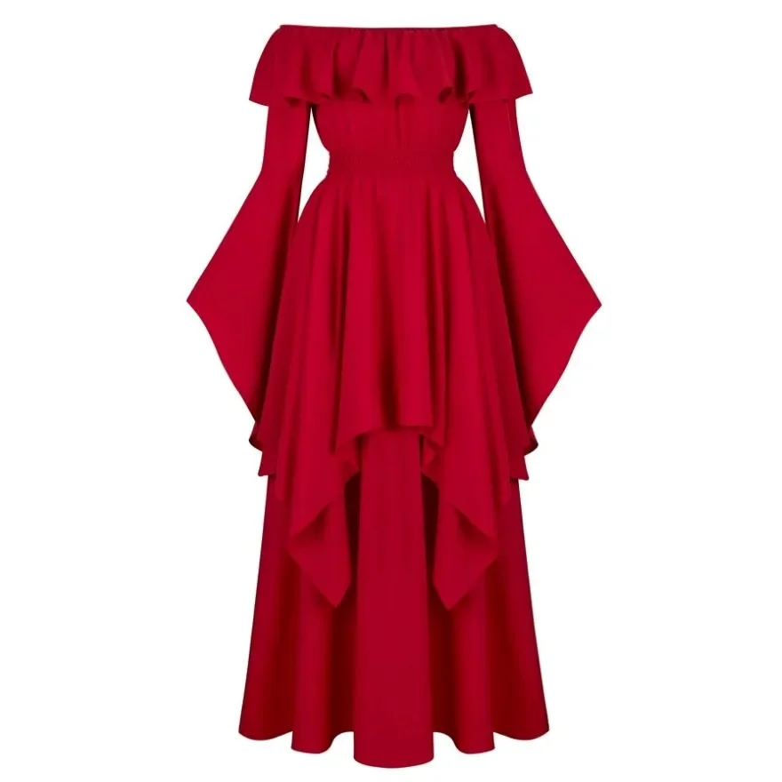 Abito rinascimentale a vita alta elastico con spalle scoperte per donna Abito smock medievale a maniche lunghe Abito da sera elegante Taglie forti