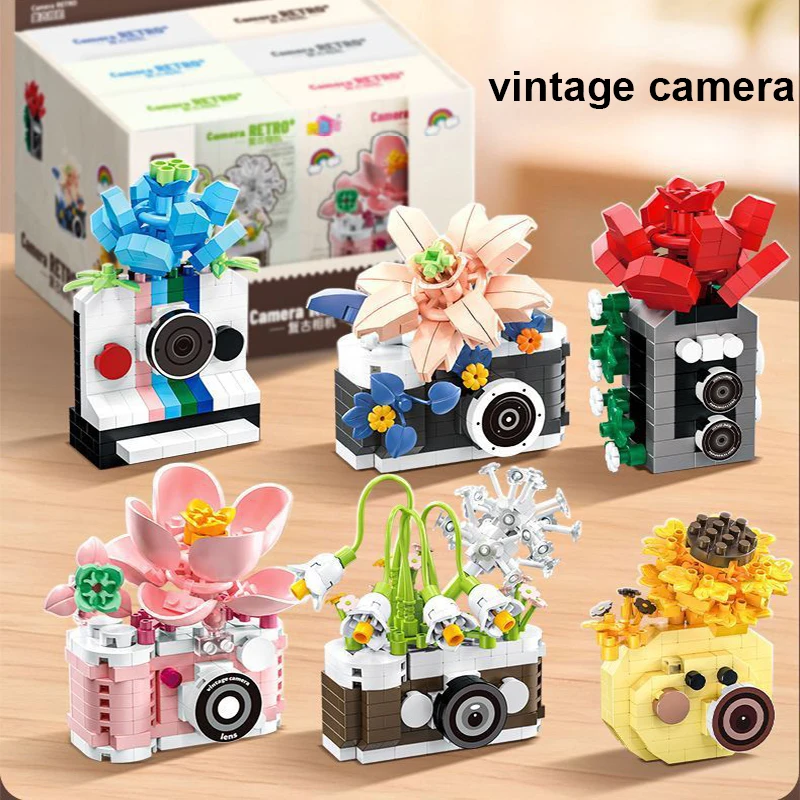 

Creative Retro Photo Camera&Flowers Building Blocks DIY Toys Small Particle Bricks Assembly Puzzle Toys For Christmas Gifts
