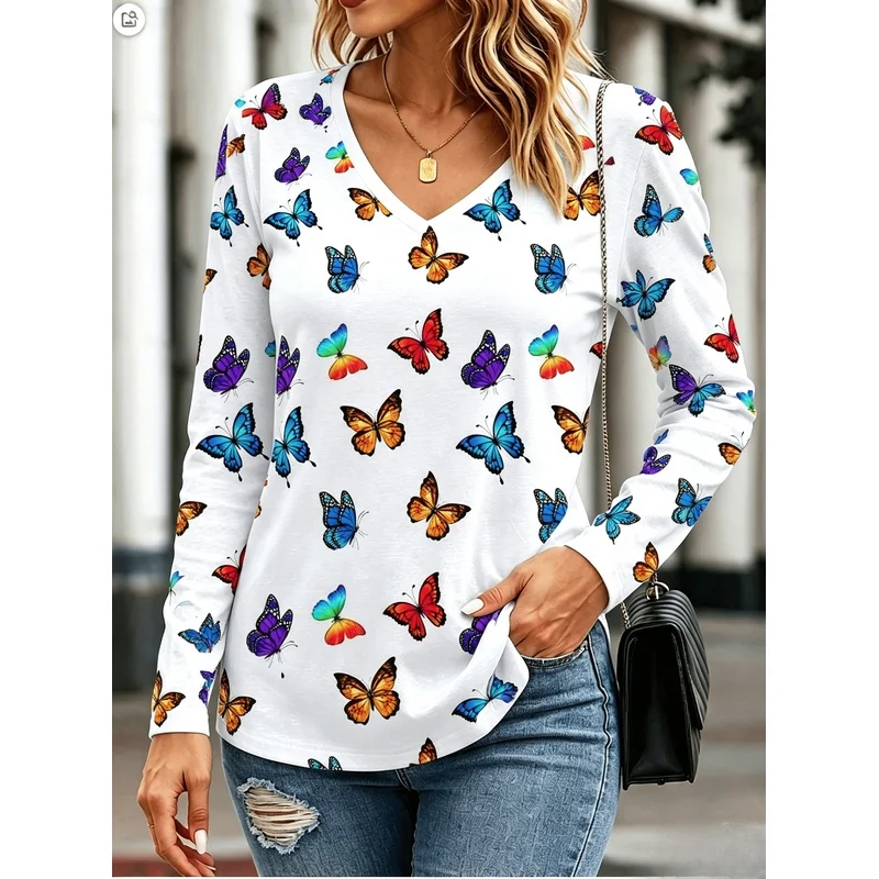 Loose-fitting slimming women's long sleeve shirtTShirt Fun floral print for casual everyday gatherings and outings