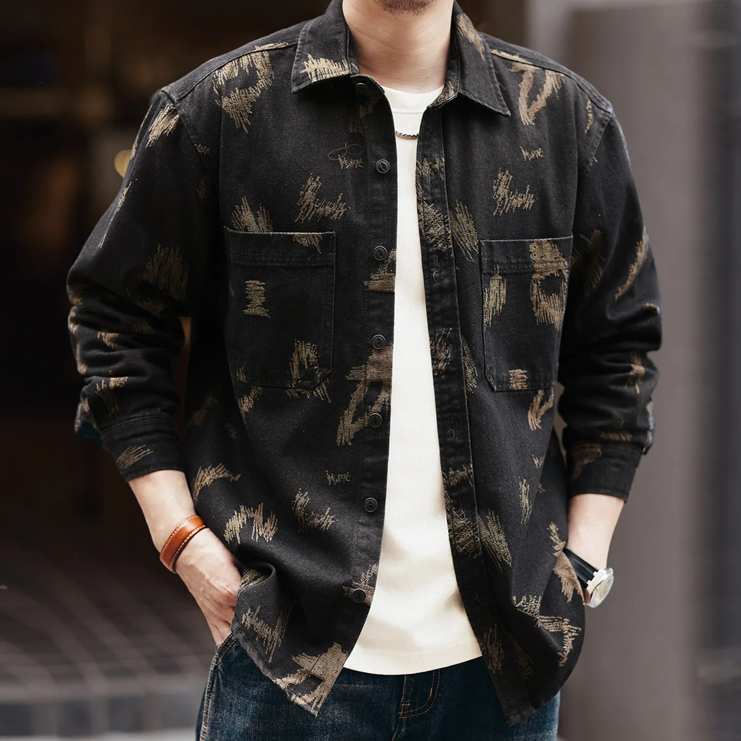 High-end American retro jacquard woven denim shirt men's autumn new casual long-sleeved shirt jacket