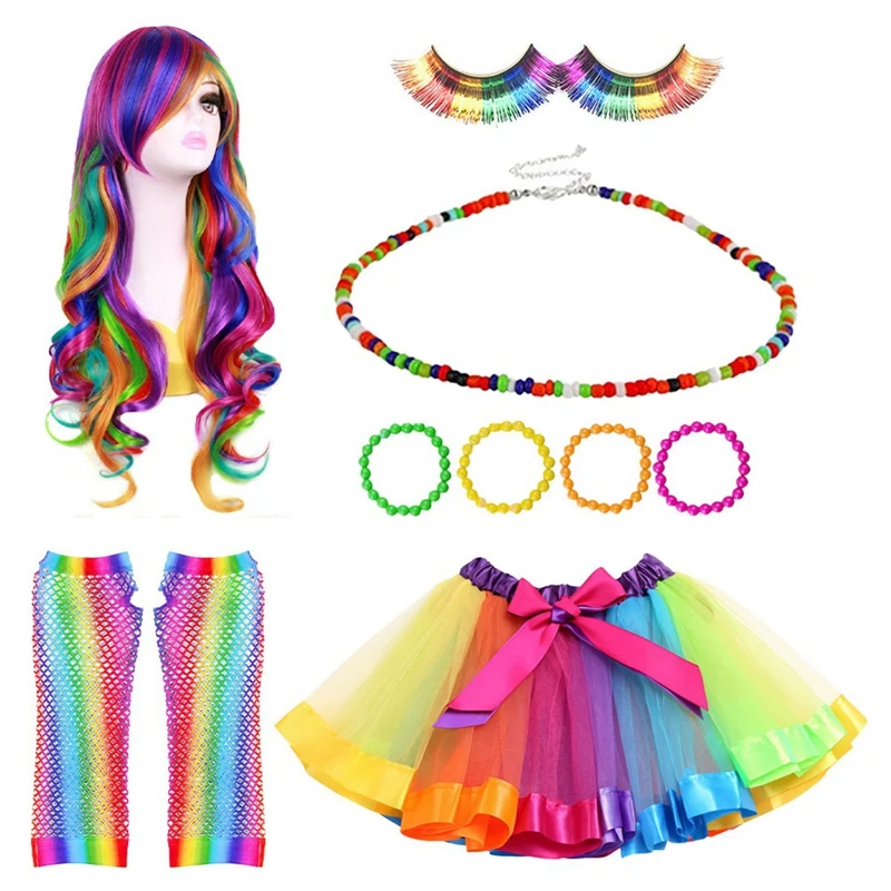 Rainbow Wig Long Curly Tulle Skirt Gloves Dress Set For Cosplay Costumes  Dance Costume Props Accessories