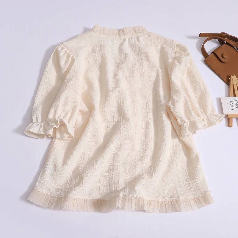 Net lace short sleeve shirt women 2024 new sweet fashion Korean tops bubble sleeve stand collar shirts pearl buttons