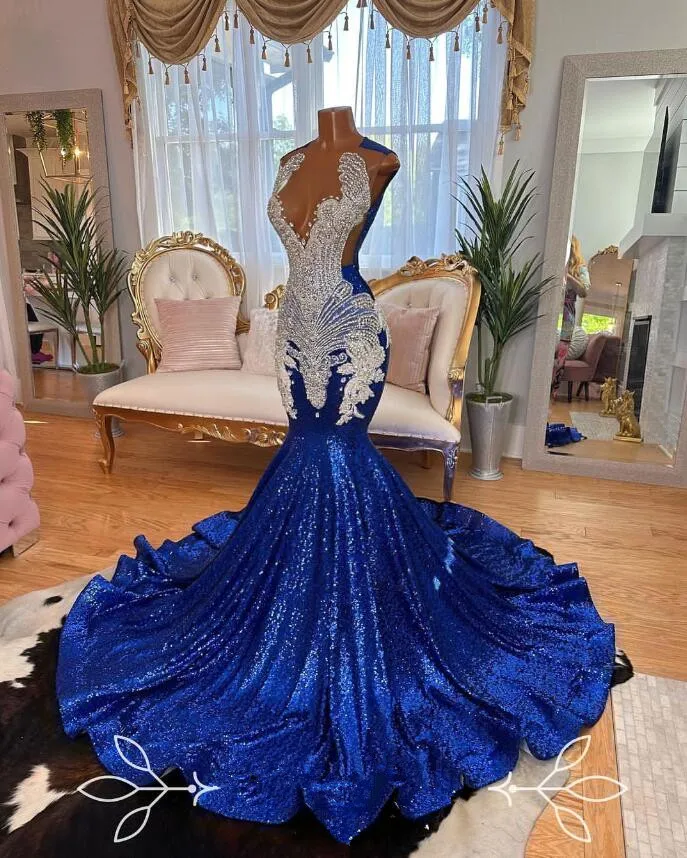 Sparkling Blue Silver long mermaid prom dress for black girl luxury diamond crystal sheer mesh evening party gown