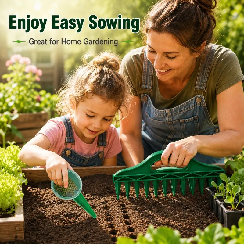 Garden Seeder Tool Set with 12-Hole Hand Dibbler and Seed Dispenser, Durable Plastic Planting Aid for Fast Efficient Sowing