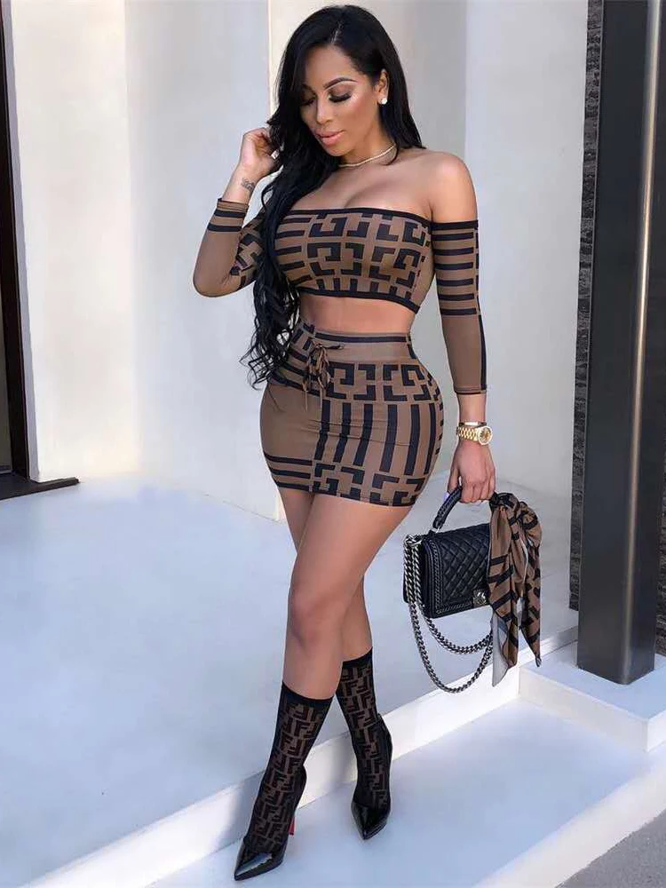 Two Piece Sexy Women\'s Printed Dress, Summer Long Sleeved Slim Fit One Line Collar, Elegant Party Club Party Mini Skirt Y2k Set