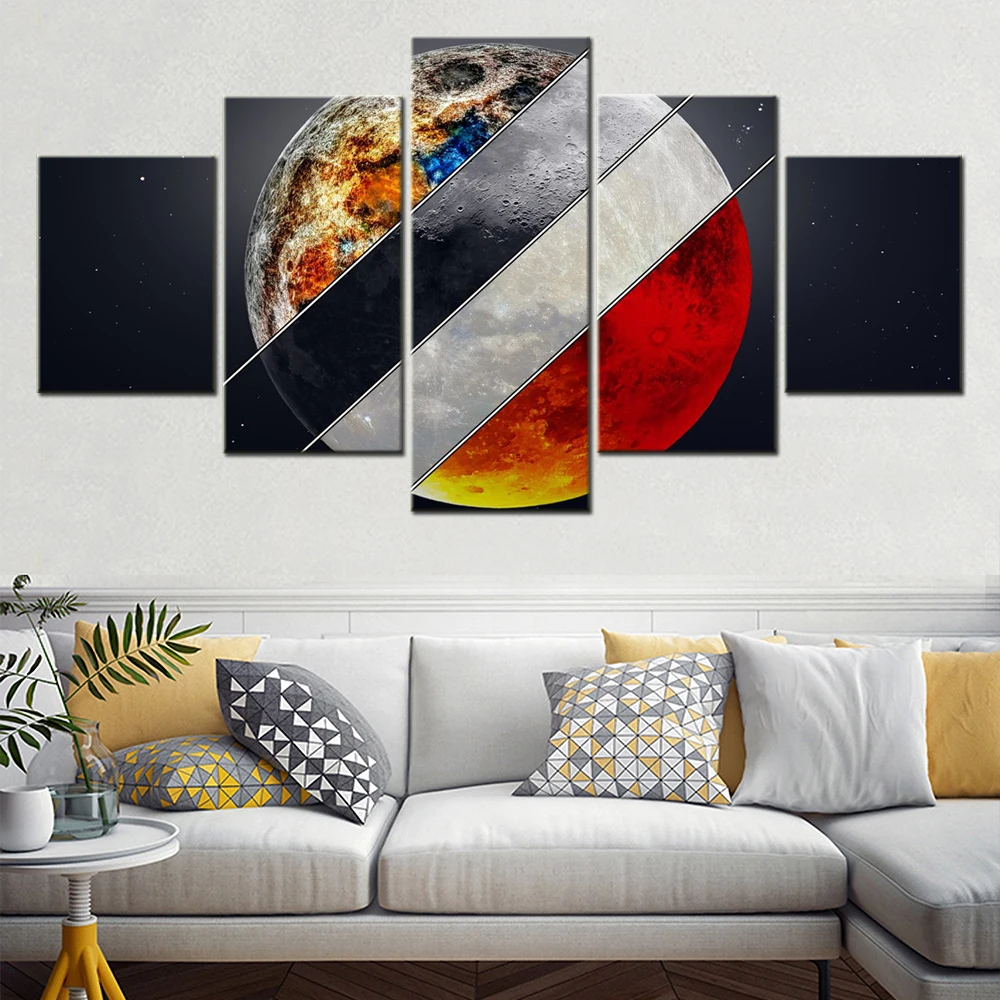 

5 Pieces Canvas Wall Arts Poster Painting Space Mineral Moon Supermoon Wallpaper Home Decor Picture Print Living Room Artwork