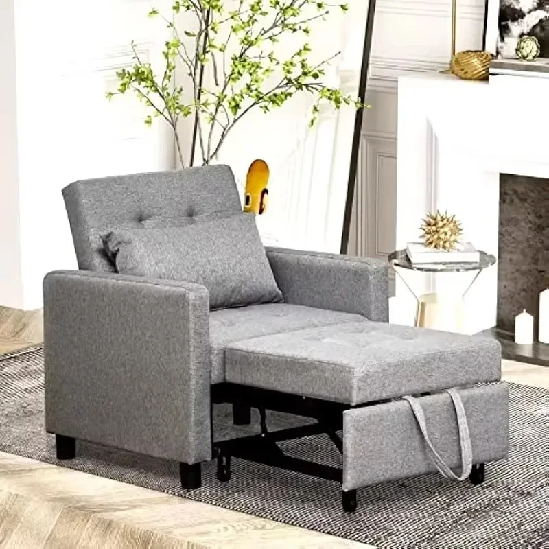 Convertible Sofa Lounger Chair Bed Multi-Functional Sleeper Recliner with Adjustable Angle Backrest, and Pillow, Grey