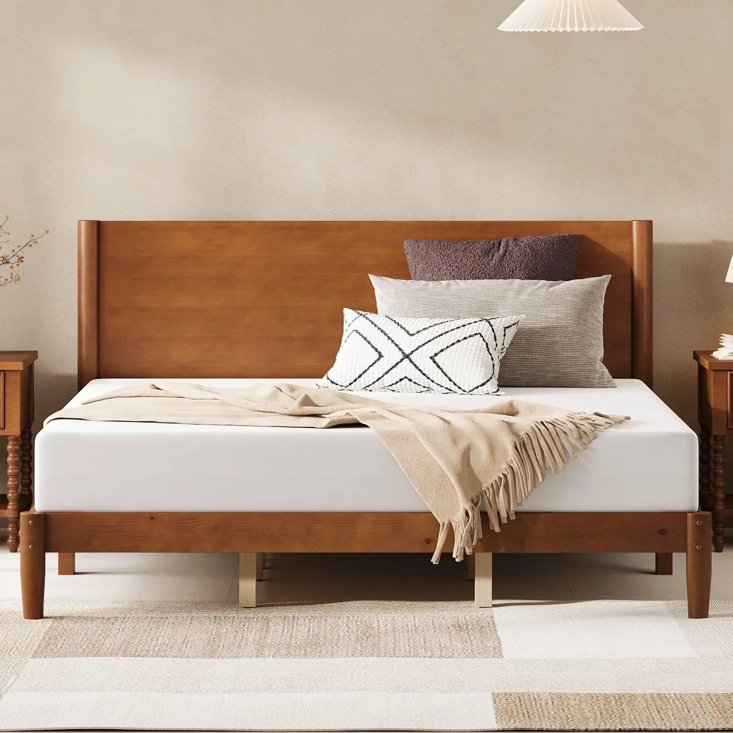 Solid Wood King Bed Frame with Headboard Mid Century Brown, Customized