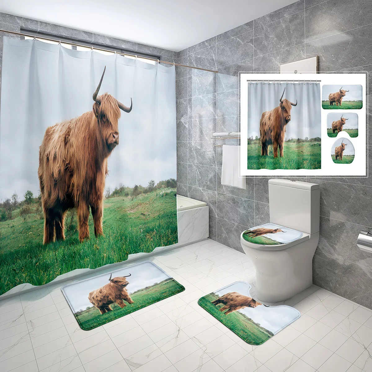 

4 Sets Highland Cattle Shower Curtain Sets with Non-Slip Bath Mat,Toilet Lid Cover and Farmhouse Cattle Bull Shower Curtain Set