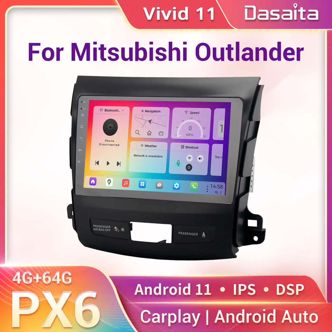 Dasaita Vivid Android11 Multimedia For Mitsubishi outlander 2007 - 2013 Car Video Player Carplay 4G/64G IPS Screen 1280*720 DSP