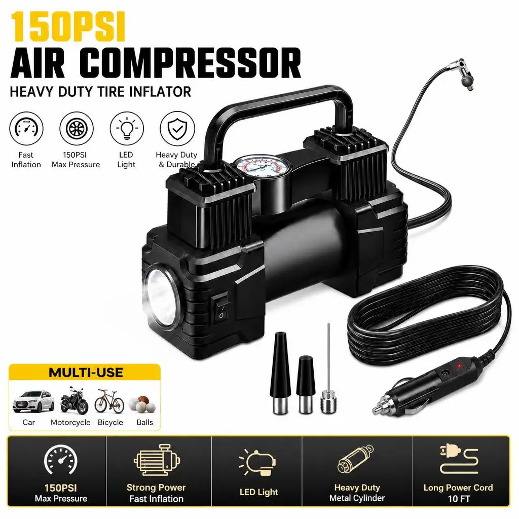 150PSI Air Compressor Heavy Duty Tire Inflator With LED Light Car Electric Air Pump Auto Inflatable Pump Inflatable Auto Tool