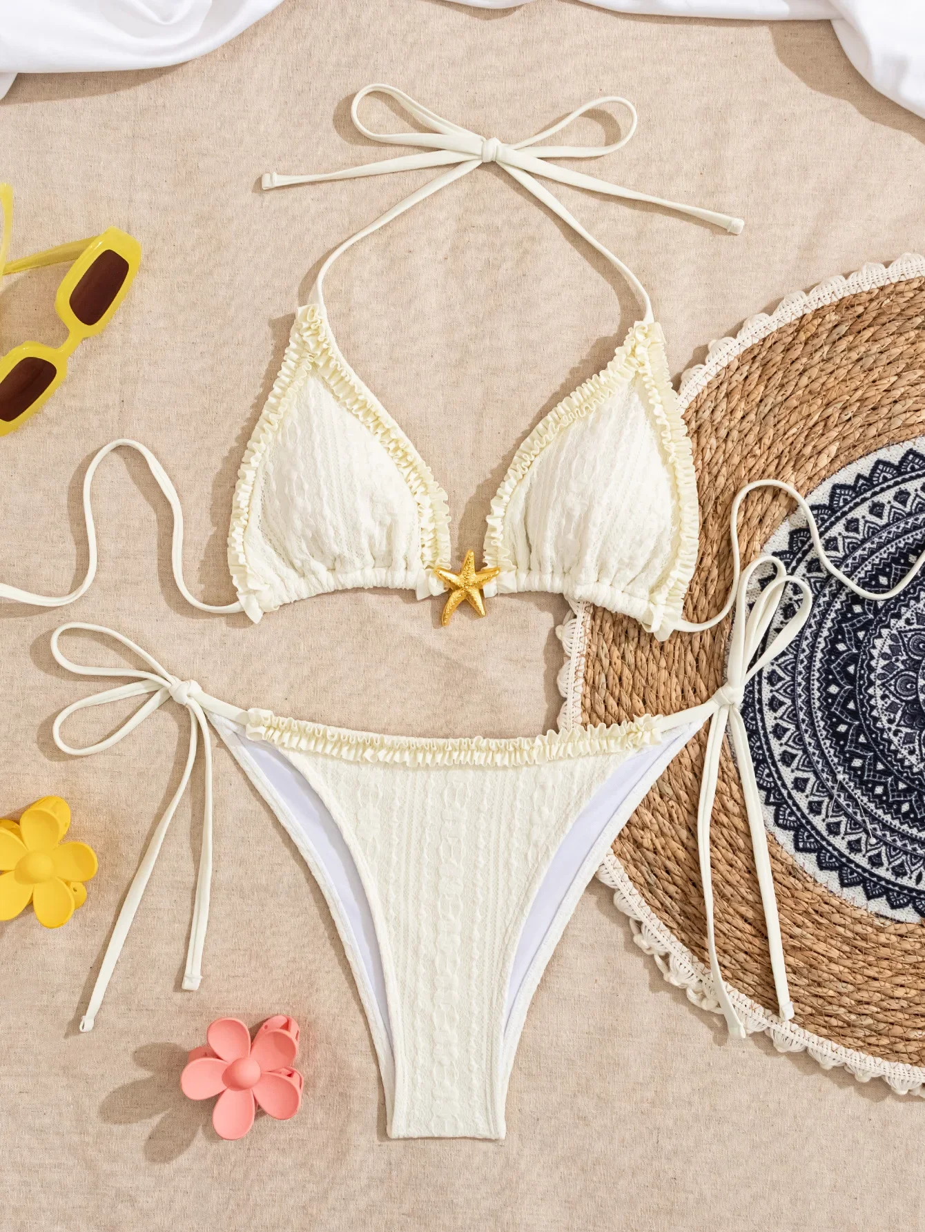 

Sexy Beige Starfish Ornament Bikini Set Women Halter Push Up Tie Side Thong Swimsuit 2025 Brazilian Beach Bathing Suit Swimwear