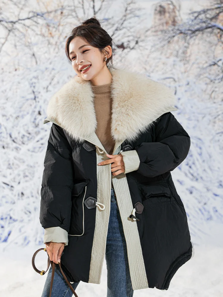 Women's Mid-Length Puffer Jacket, Loose, Thickened, Warm, Parker, Lapel, Fur Collar, Retro, Down Jackets, Winter, New, 2024