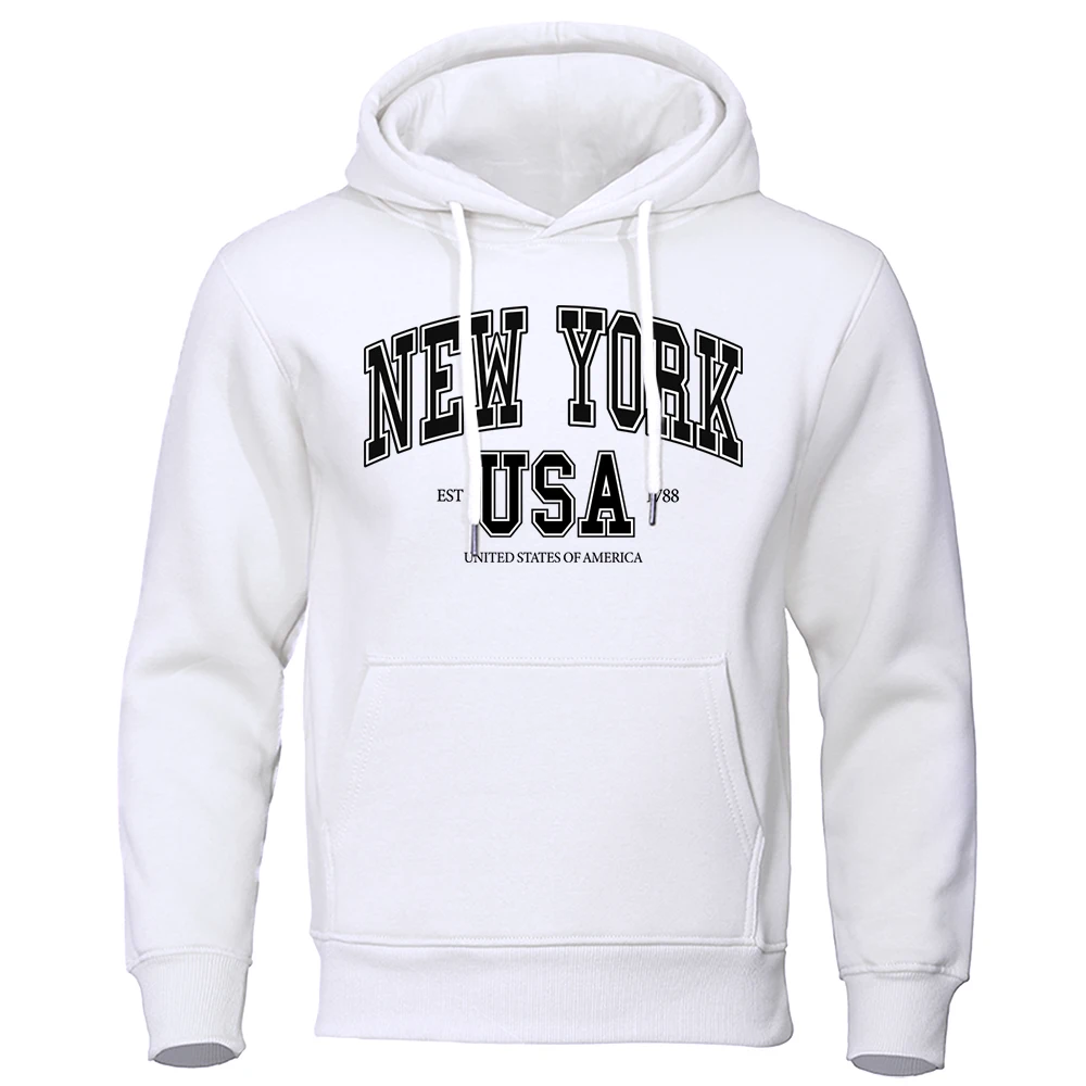 

New York Usa Est 1788 Street City Letter Printed Hoody Man Street Clothes Casual Fleece Loose Fashion O-Neck Pullover Hoodie Men