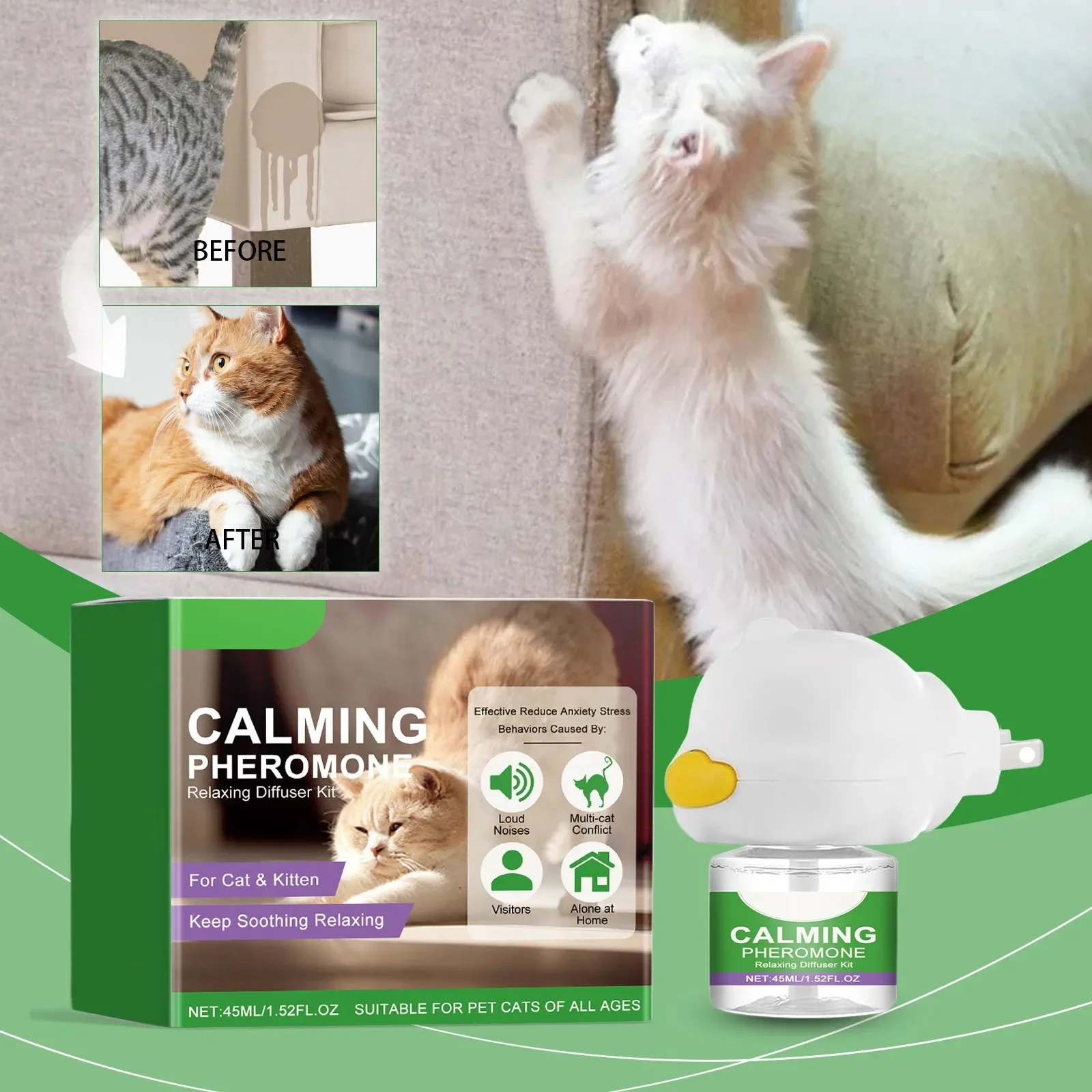 Diffuseur apaisant au phéromone pour chat, soulage efficacement l'anxiété, le stress, apaisant sans 