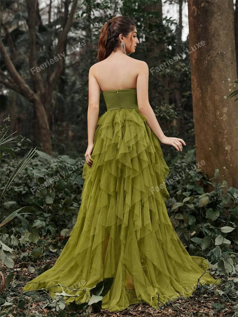 Sansa Green Tulle A-line Strapless Prom Dresses Side High Split vestidos de noche Elegant Floor-length Sleeveless Formal Evening