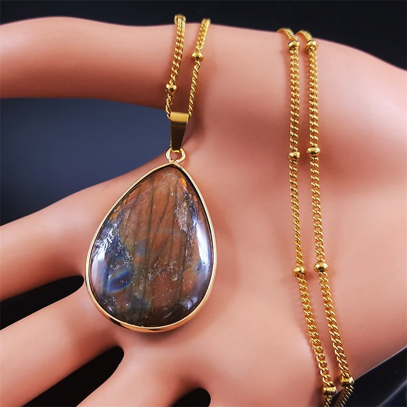 Boho Blue Labradorite Palm Necklace Water Drop Natural Healing Gem Stones Pendant Necklaces Reiki Moonstone Energy Jewelry NHH31