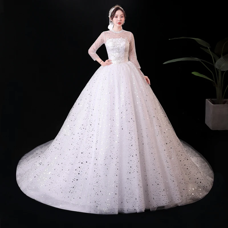 Robe de mariée blanche en Organza et Tulle, col rond, balayage des trois quarts, traîne brodée, # XXN-155