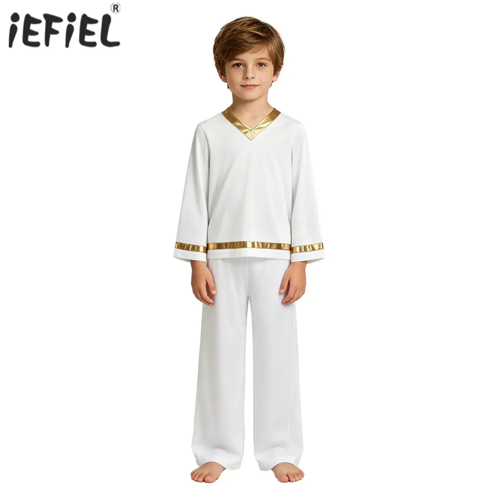 

Детский костюм для выступлений: топ с длинными рукавами и металлической отделкой, широкие брюки для джазовых и литургических танцев