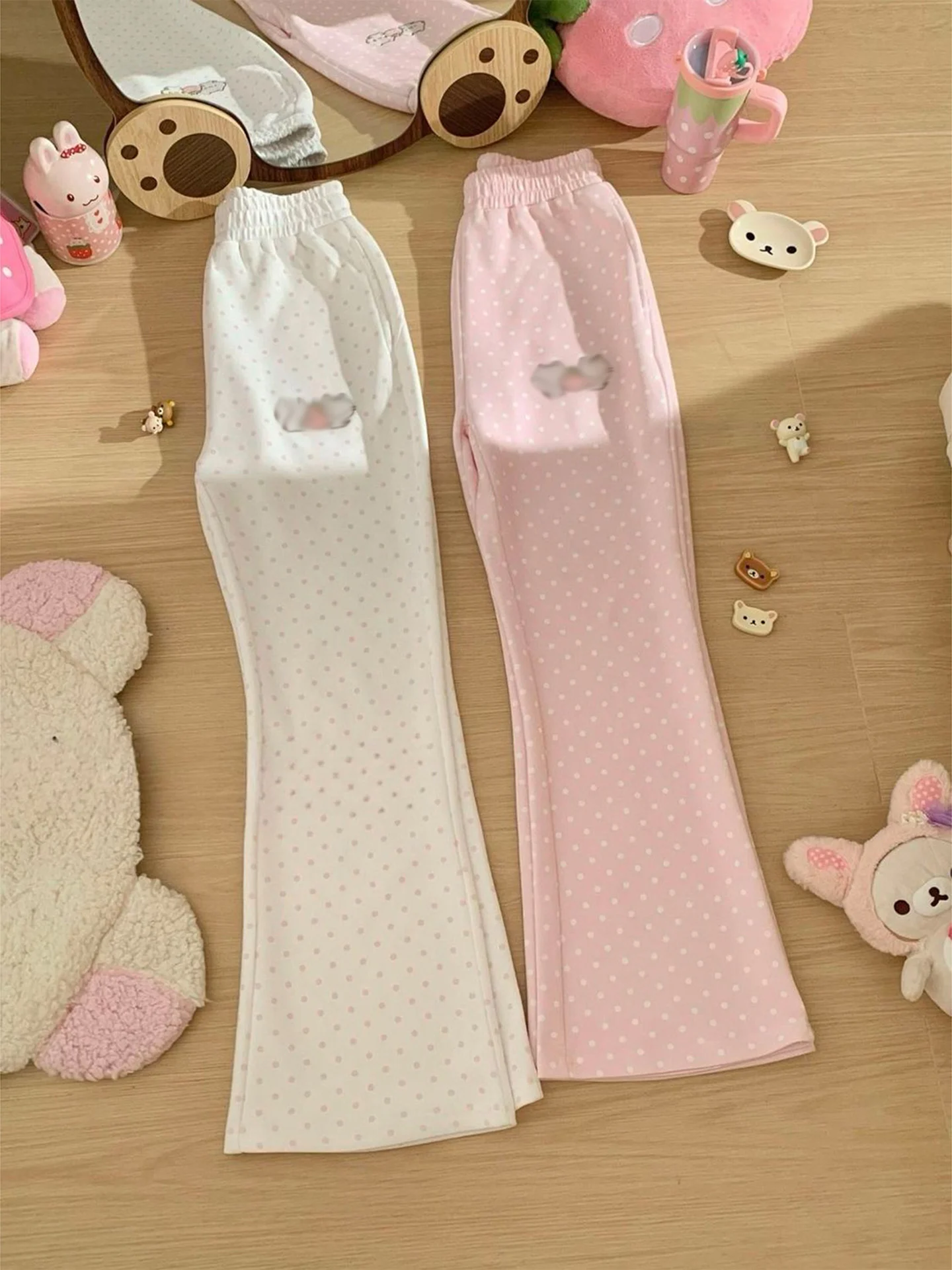 Cute Striped Strawberry Bowknot Micro Flared Pants Women's Casual Autumn Winter Slimming Long Trousers Sweatpants