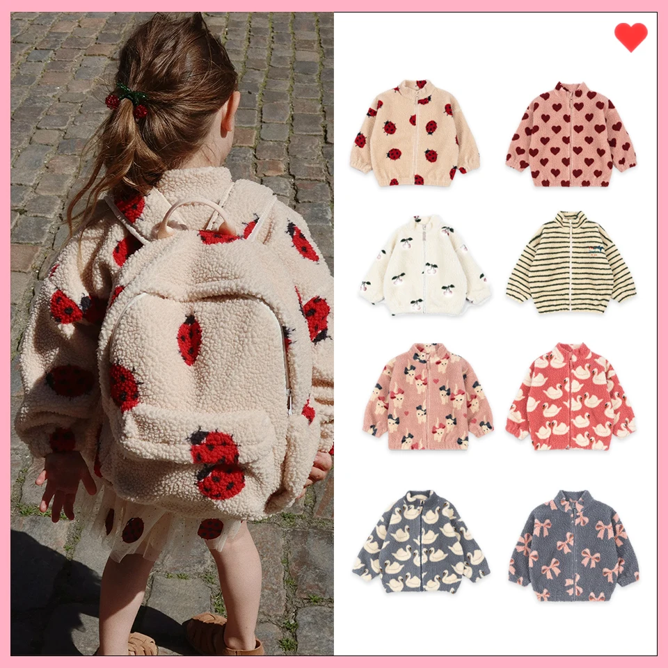 ملابس الفتيات KS ملابس الأطفال الشتوية هريرة القوس سوان خنفساء مخطط الكرز نمط معطف شعر الضأن #1