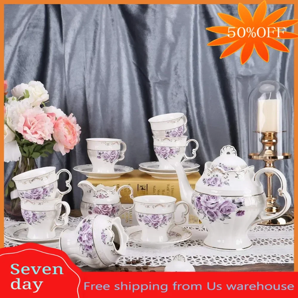 

Matcha Set Purple Rose Coffeeware Teaware 15 Piece Porcelain Tea Set for Adults Wedding Tea Service Tools Kitchen Dining Bar