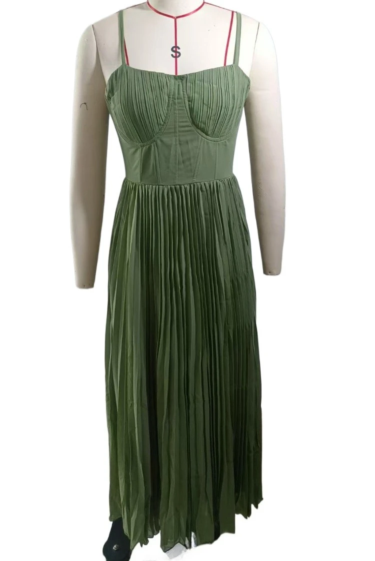 

Elegant Spaghetti Straps Pleated Long Formal Evening Dress Green