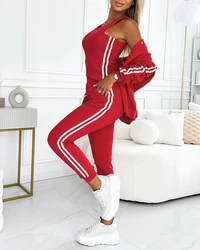 Striped Tape Patch Tank Top & Cuffed Pants Set With Buttoned Jacket Women Suits