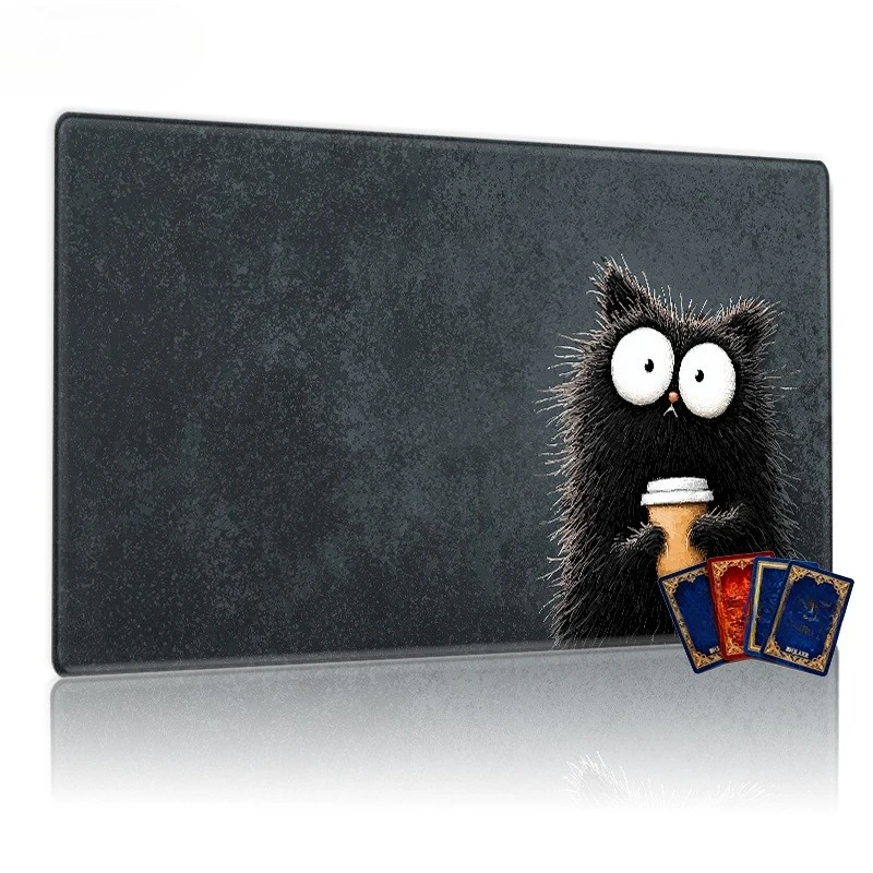 Cute black spiky-haired creature Holding white-eyed coffee cup CCG TCG collectible card game table mat in cartoonish fun style