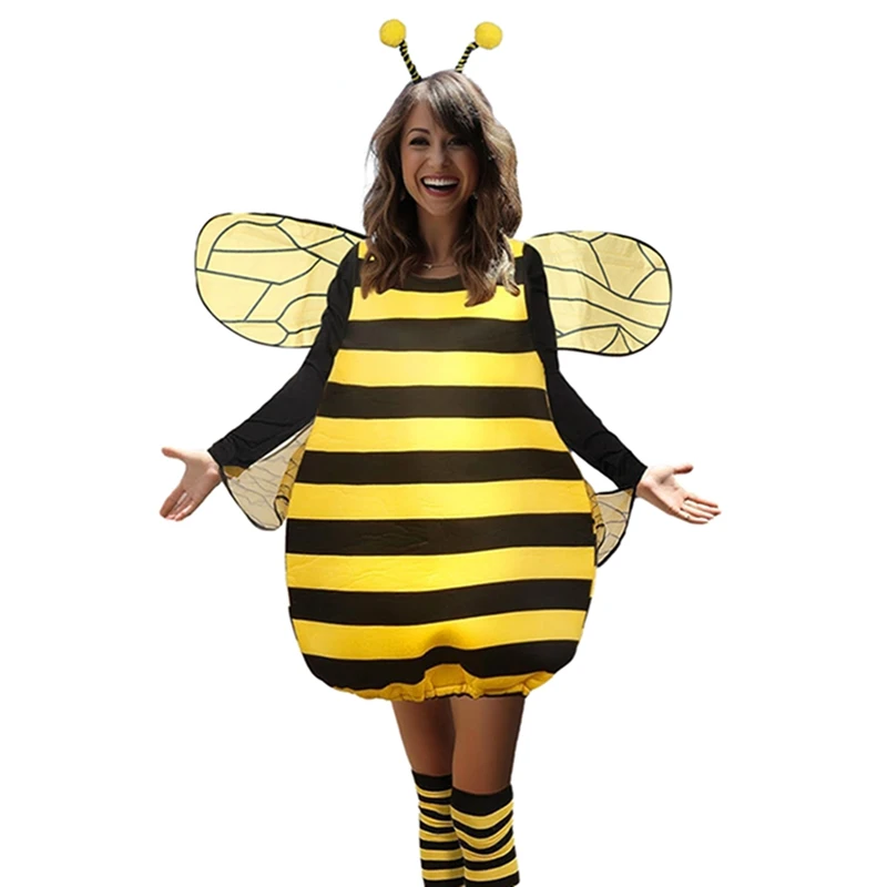 

Halloween Adult Striped Patchwork Bee Costume for Women Funny Animal Costumes with Knee-high Socks and Hair Hoop Cosplay Outfit