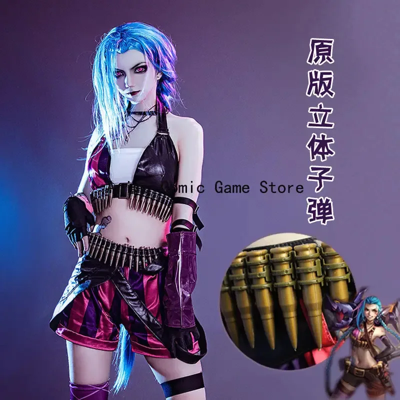 In Stock S-XL Jinx Cosplay Costume Wig Tattoo Sticker Full Sets Anime Game League of Legends Halloween Party Outfits for Girls