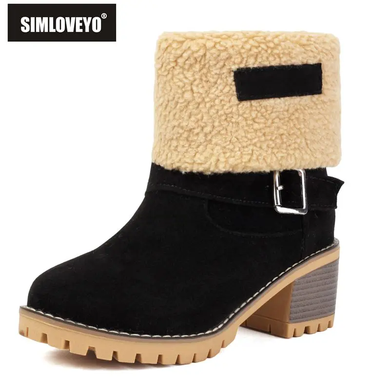 

SIMLOVEYO 2025 Winter Female Mid Calf Boots Round Toe Chunky Heels 5.5cm Slip On Belt Buckle 41 42 43 Black Daily Booties