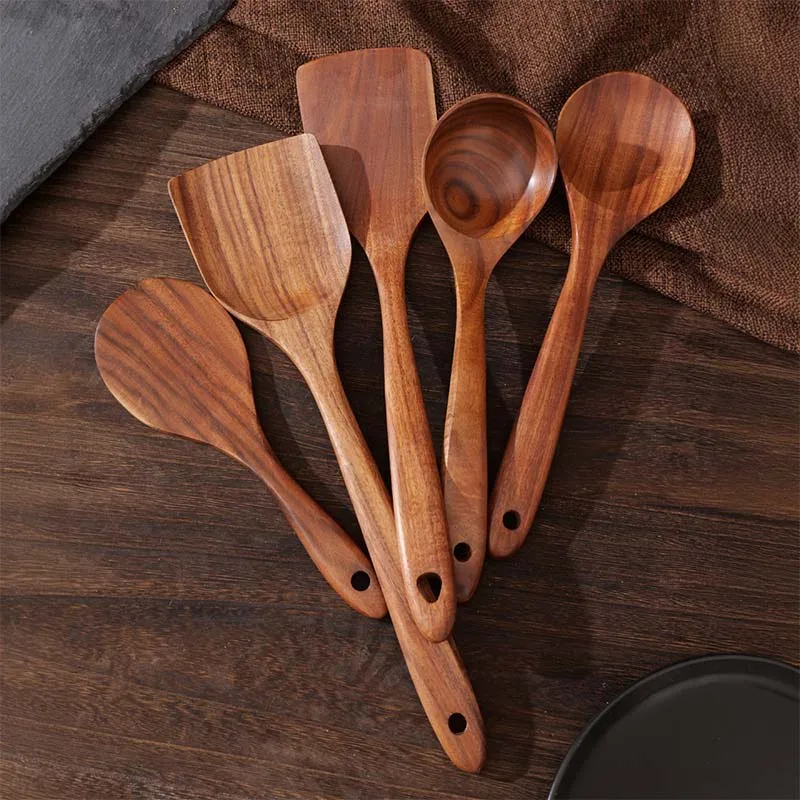 

5 Pcs Hanging Design Boho Wooden Utensils - Osier Pattern Spoon Ladle Set for Kitchen Organization