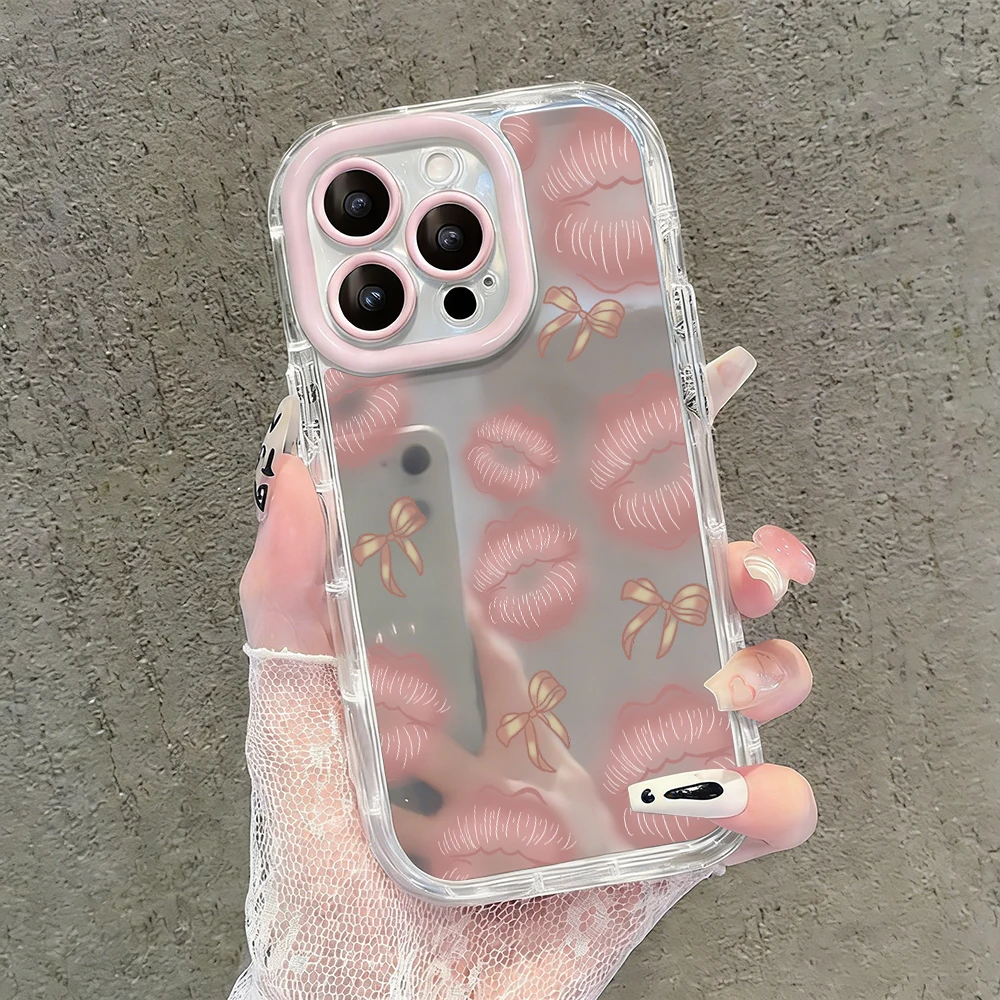 Lip Print Bow Air Cushion Mirror Phone Case For iPhone 17 15 14 16 Pro Max 13 12 11 Pro X XR XS MAX 7 8 Plus 17Air INS Cover