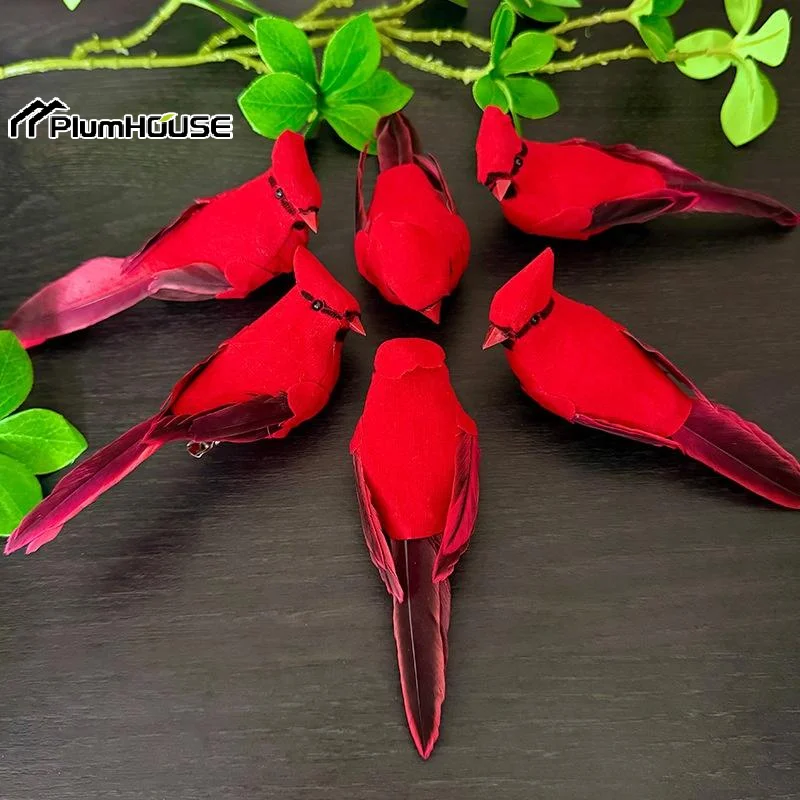 Simulation Feather Birds Handicraft Red Birds Figurines Garden Lawn With Clips For Tree Decor Christmas Home Decoration