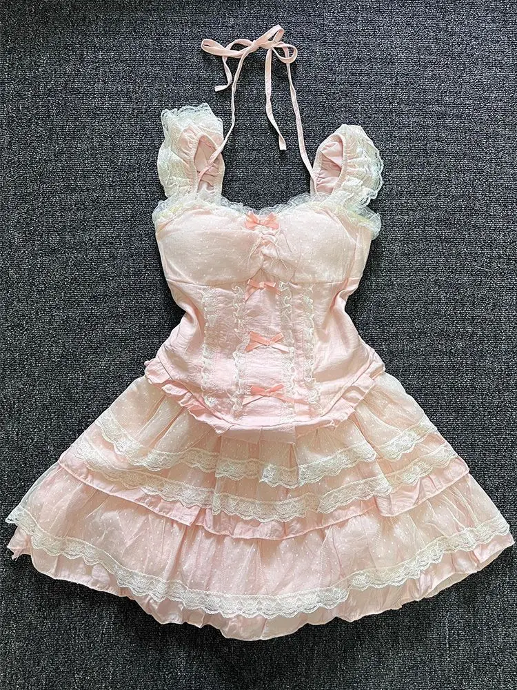 2025 Summer Sweet Lace Patchwork Cute Suit Women Lovely Bow Tops + Mini Cake Skirts New Japanese Fashion Kawaii Slim 2 Piece Set