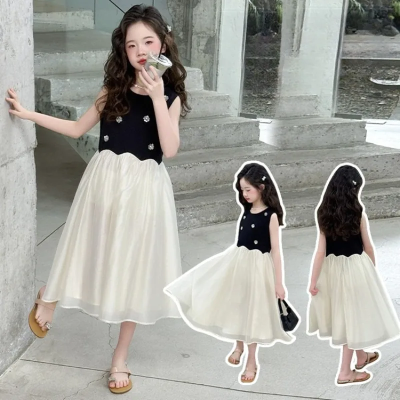 

Girls Sleeveless Dress Children Bright Diamond Spliced Vest Dress Fashion Children Summer Dress
